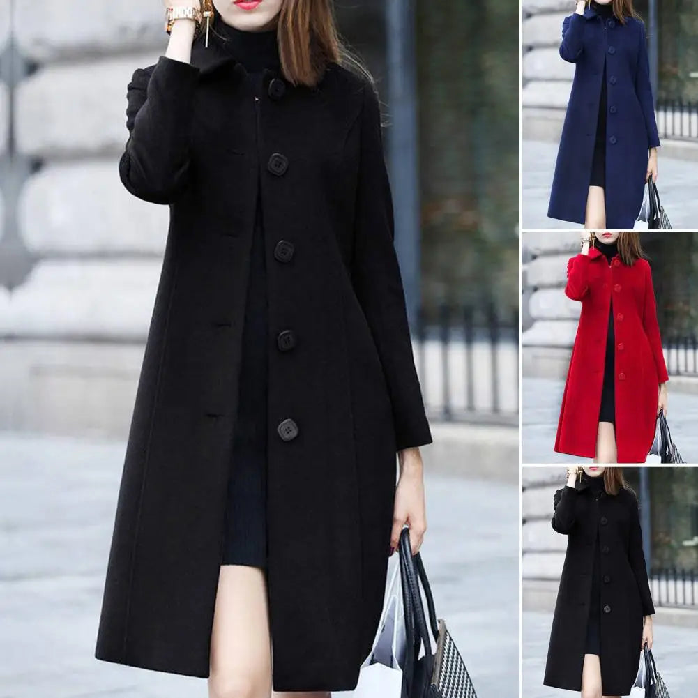 New Fashion British Solid Button Wool Coat Women Long Sleeve Jackets Woman Elegant Pocket Slim Outfit Mujer - reetell