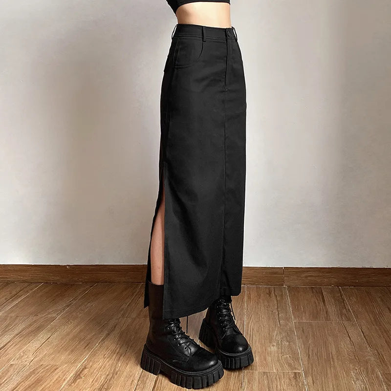 Women Midi Skirts Goth Dark Grunge Casual Tag Split Mall Gothic Punk High Raise Slim Long Skirt Y2k Sexy Fashion Streetwear - reetell