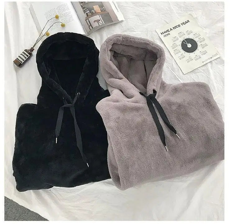 Autumn Winter Fleece-lined Hooded Long-sleeve Sweatshirt Women Hoodies Fashion Loose Couple's Warm Plush Coat Lazy Style Tops - reetell