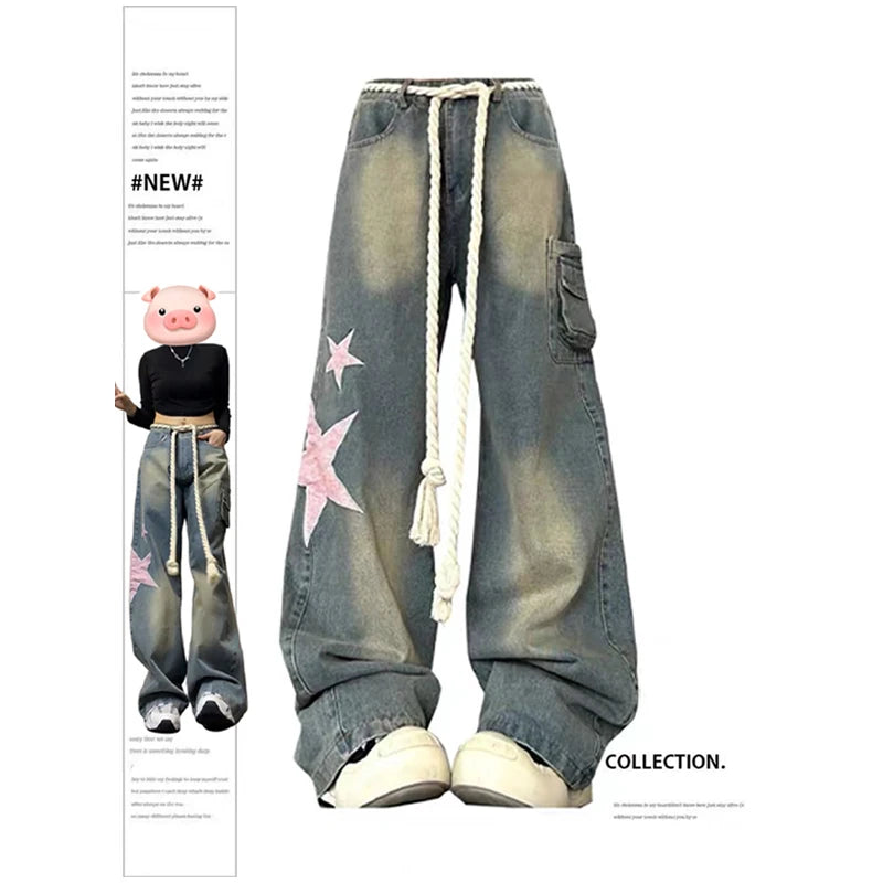 Women Baggy Star Jeans Vintage Harajuku Oversize High Waist Denim Trouser Emo 2000s Y2k 90s Aesthetic Wide Pants Trashy Clothes - reetell