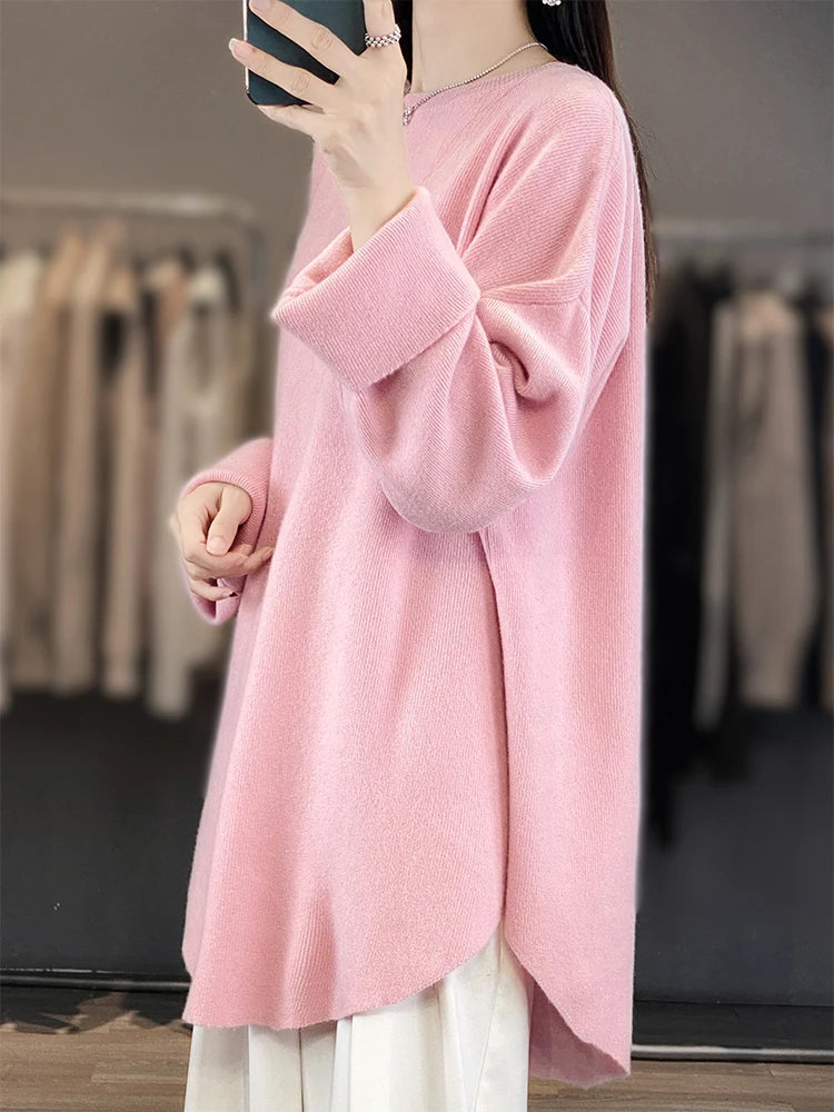 Fashion Women Round Collar Sweater 100% Merino Wool Pullovers Autumn Winter Loose Cashmere Knitwear Female Clothes Korean Tops - reetell