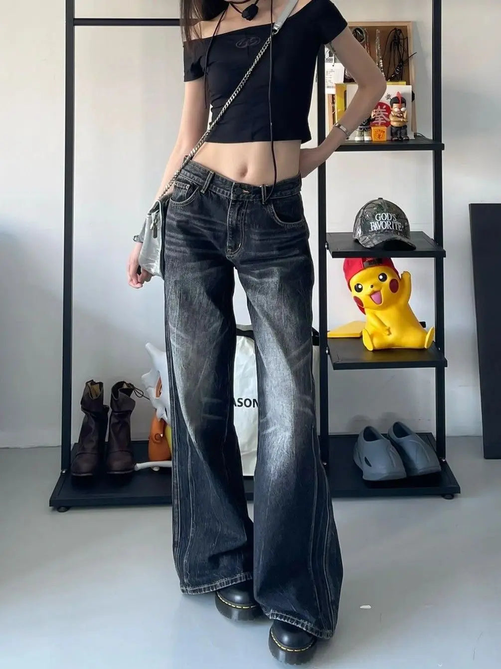 HOUZHOU Grunge Y2k Black Jeans Women Baggy Vintage High Street Oversized Denim Trousers Gothic Gyaru 2000s Acubi Fashion Jeans - reetell