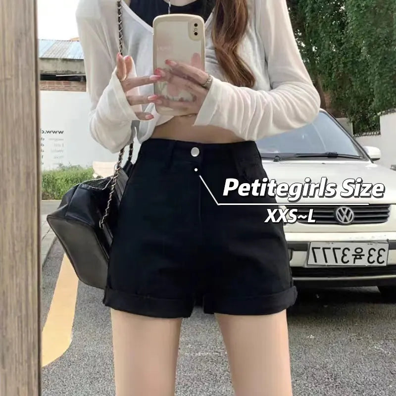 150cm Petite Girls Versatile Rolled Edge Denim  Women With High Waistretro Slim Fit XS Size Showing Slim Hot Pants Summer Wear - reetell