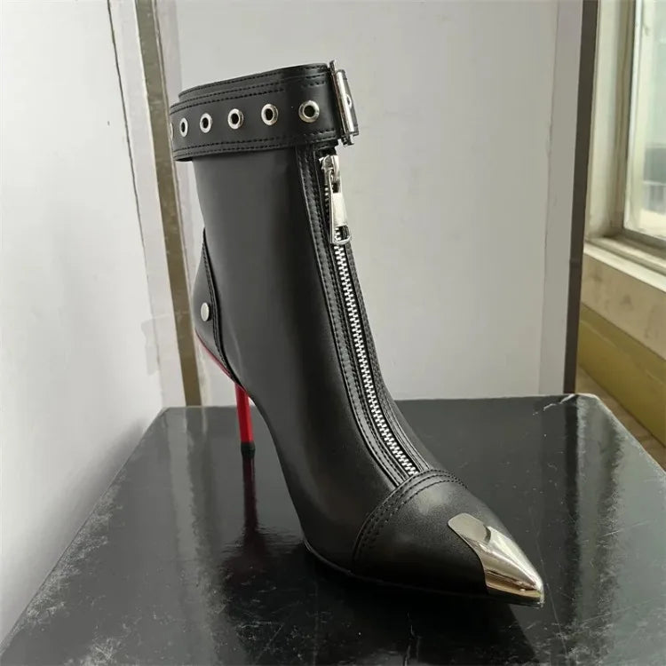 Belt Buckle Front Zipper Fashion Show Short Boots Women's Autumn Winter New Pointed Metal Decoration Red High Heels Ankle Boots