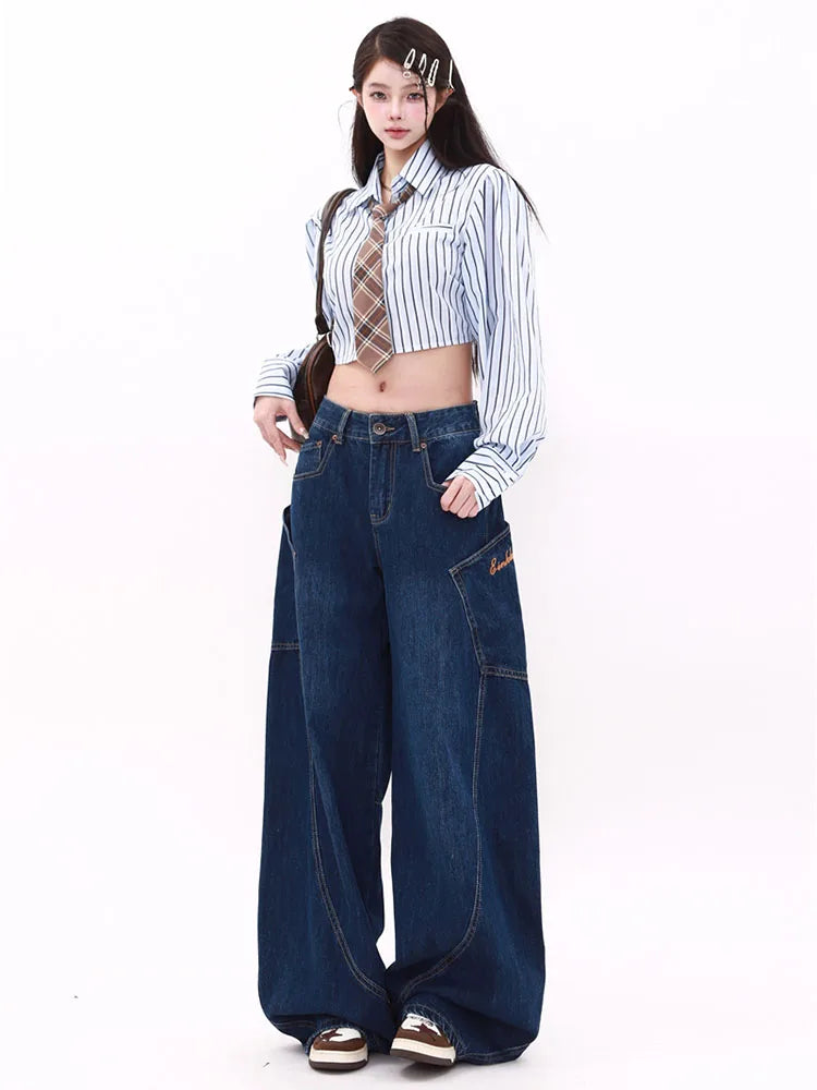 WCFCX STUDIO Women's Wide Leg Jeans American Vintage Street Style High Waisted Casual Trousers Design Sense Niche Baggy Pants - reetell