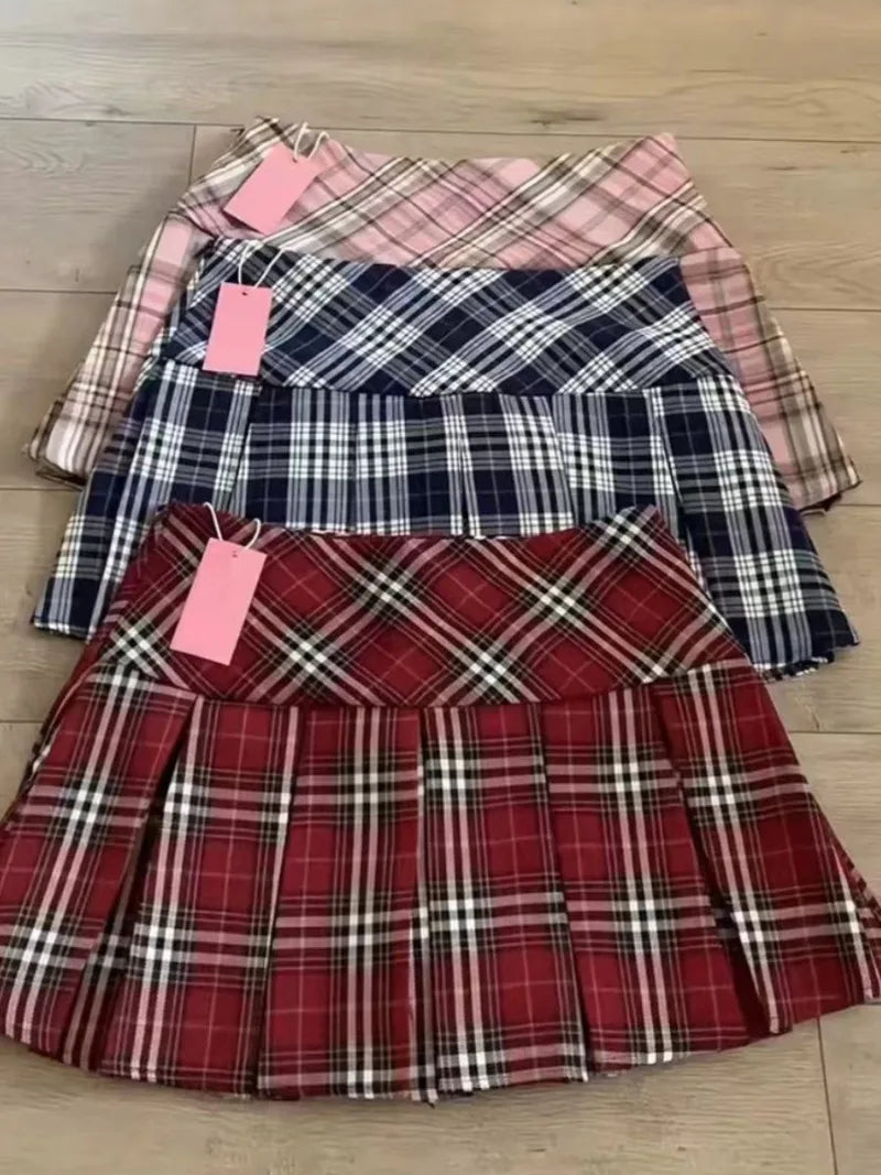 Pink Women's Plaid Patchwork Skirts Preppy Sweet Temperament Skirt Pleated High Waist Mujer Faldas Casual Office Lady Falda - reetell