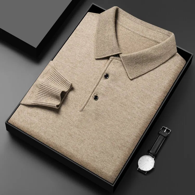 Autumn and Winter New Warm Soft Pullover Men's Business Lapel Knitwear Casual Solid Color Long Sleeve Polo Shirt Office - reetell