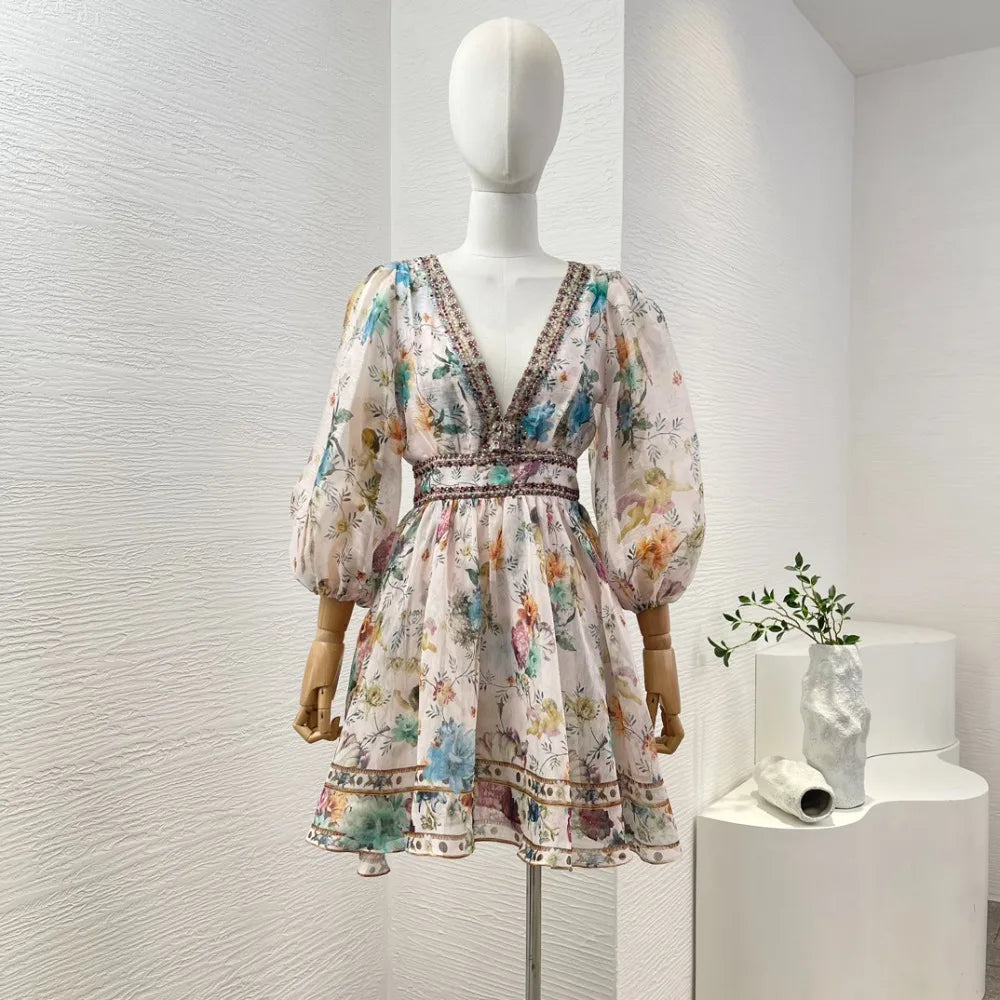 2024 New Collection Multicolor Floral Print 3/4 Sleeve Diamonds Pressed Deep V-neck High Quality Linen Silk Women Mini Dress - reetell