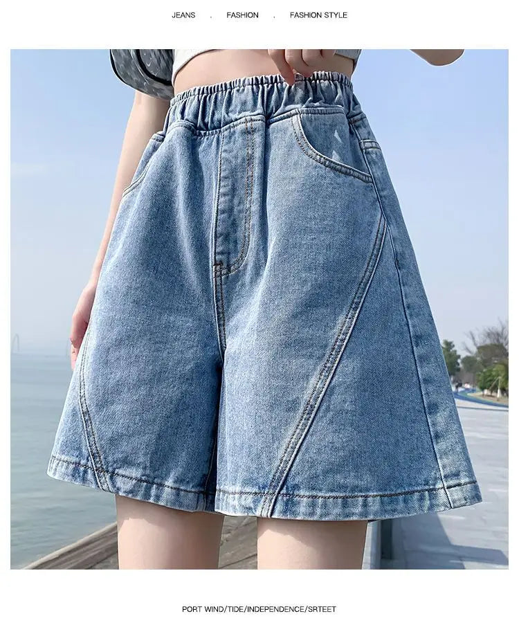 Big Size Denim Shorts Quarter Trousers A Wide Leg Loose High Waist Skinny Students Fattening Women Pocket Splicing Stripe - reetell