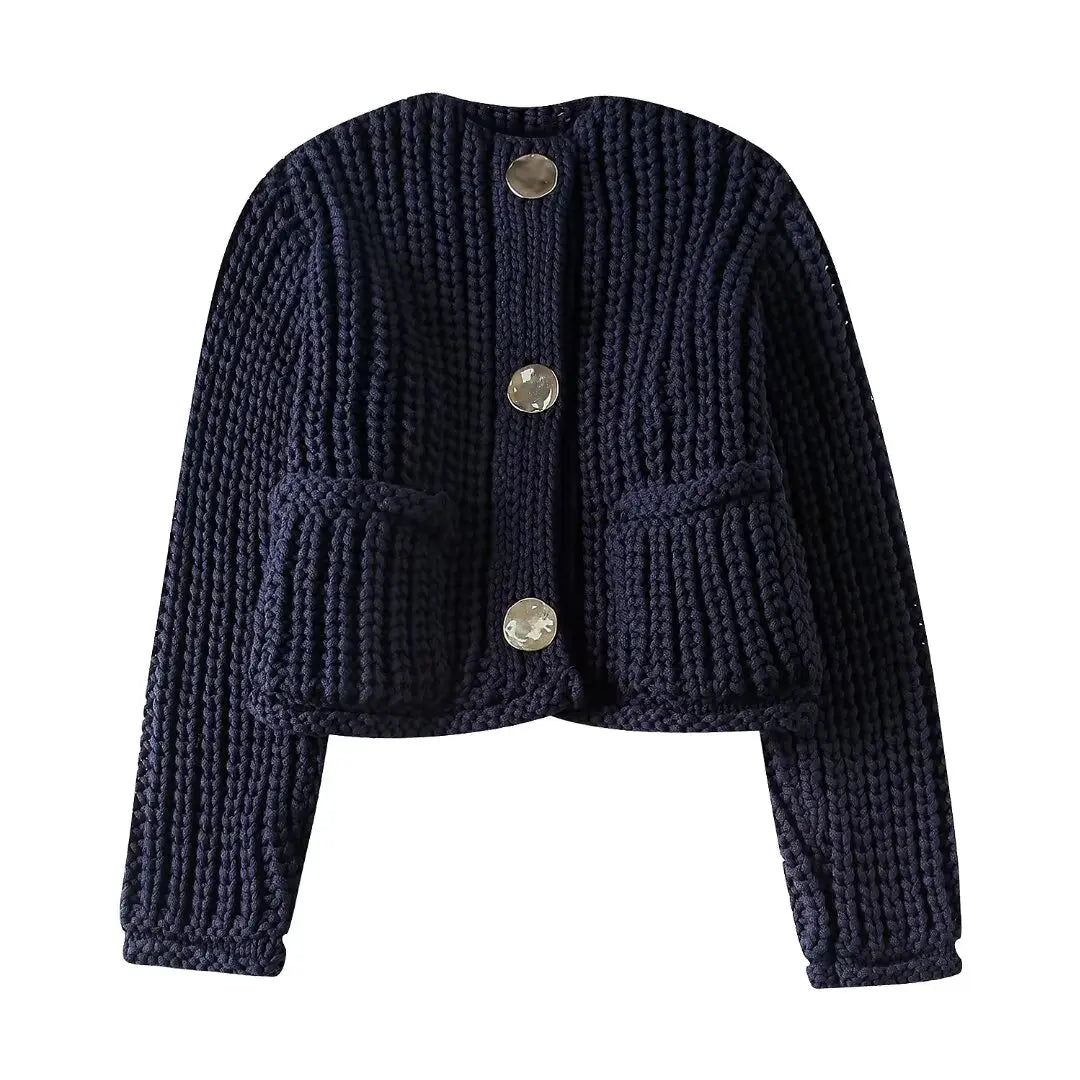 TRAF 2024 Spring Woman's Navy Blue Knitted Sweater Coats With Pockets Buttons Female Crop Tops Cardigan Vintage Casaul Style - reetell