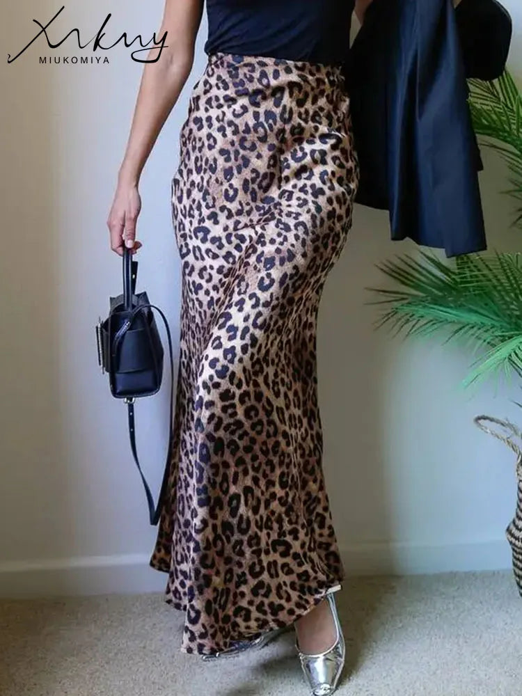 MiuKoMiYa Autumn Satin Leopard Print Maxi Skirt Women High Waist A Line Office Slim Long Leopard Skirt For Women Elegant 2024 - reetell