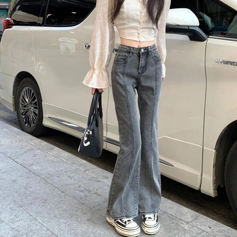 Vintage High Waist Flare Jeans High Street Women Boot Cut Denim Pant Slim Loose Korean Casual Button Up Zippers Gray Trousers - reetell