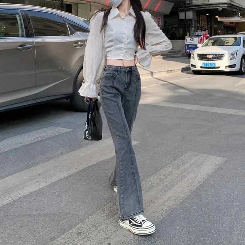 Vintage High Waist Flare Jeans High Street Women Boot Cut Denim Pant Slim Loose Korean Casual Button Up Zippers Gray Trousers - reetell