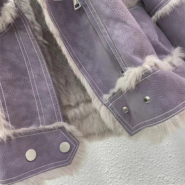 2024 Winter Short Style Fur Women Sheepskin Jacket Tanned Suede Luxury With 100%Natural Rabbit Lining Luxury Fashion Fur Coat - reetell