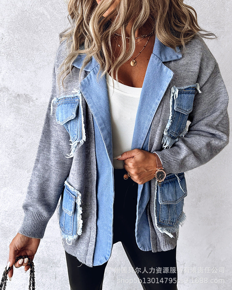 Raw Hem Cardigan Women Sweaters Patchwork Notched Collar Knitted Denim Jackets Jumpers Pockets Thick Coats Autumn Winter Outwear - reetell