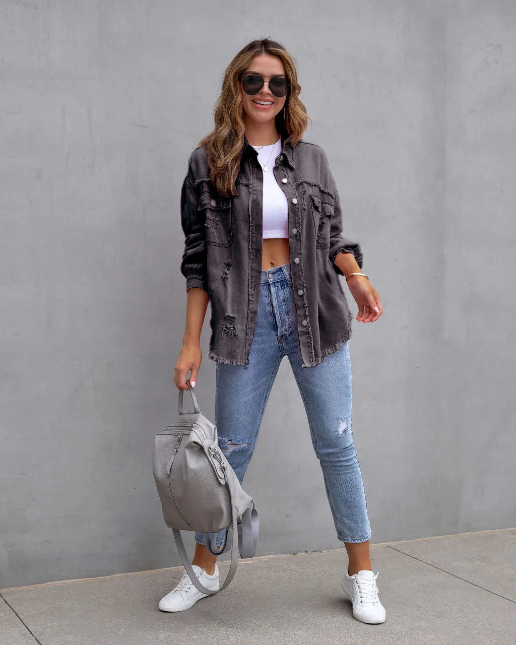 Women's Casual Lapel Mid-length Denim Jacket with Ripped Raw Edges