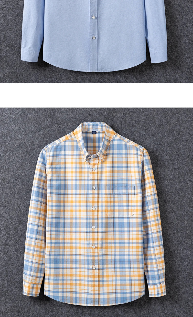 Men's Oxford Long Sleeve Shirts Cotton Regular Fit Casual Fashion Striped Solid Color Plaid Shirt Summer Print Workwear - reetell