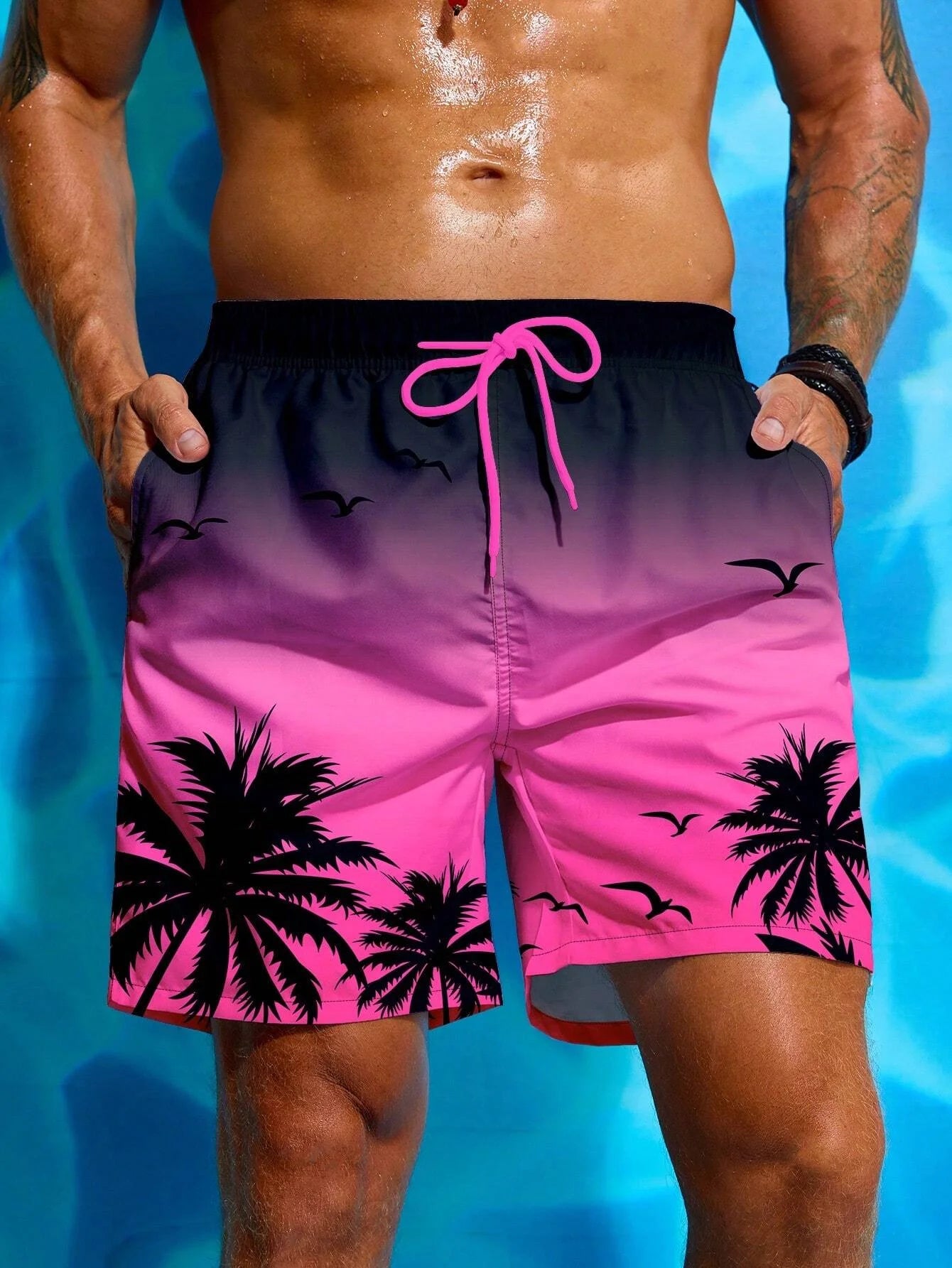 Summer Vacation Men's Palm Tree Print Drawstring Waist Board Shorts Fashion Swim Trunks 3D Print Breathable Short Streetwear - reetell