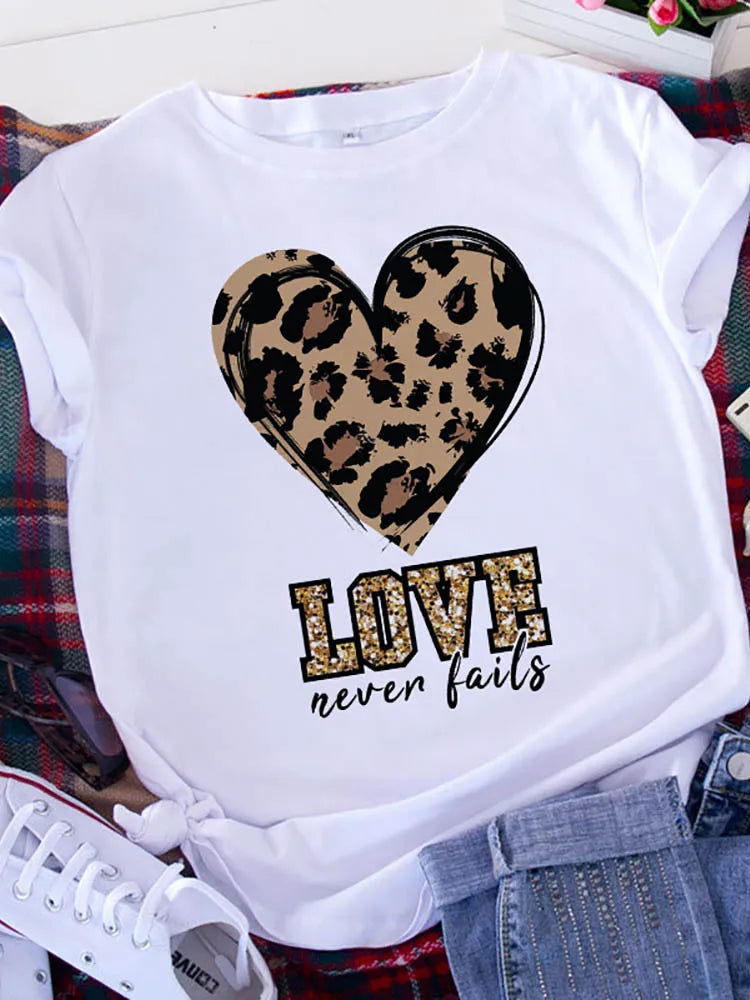 T-shirt Graphic Printed T Shirt Free Spirit Brave Soul Women Short Sleeve Leopard Love Tshirt Valentine's Day Heart Woman Tee - reetell