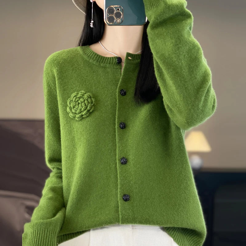 100% Merino Cashmere Sweater Women's Cashmere Cardigan sweater loose solid color autumn and winter comfort top - reetell