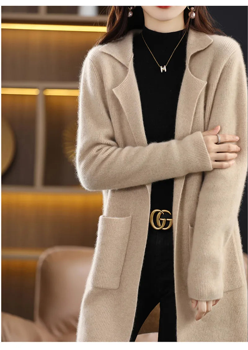 Limiguyue Wool Cashmere Sweater Long  Jacket Turn Down Collar Knit Cardigan Women Winter Autumn Soft Warm Knitwear Coat E329 - reetell