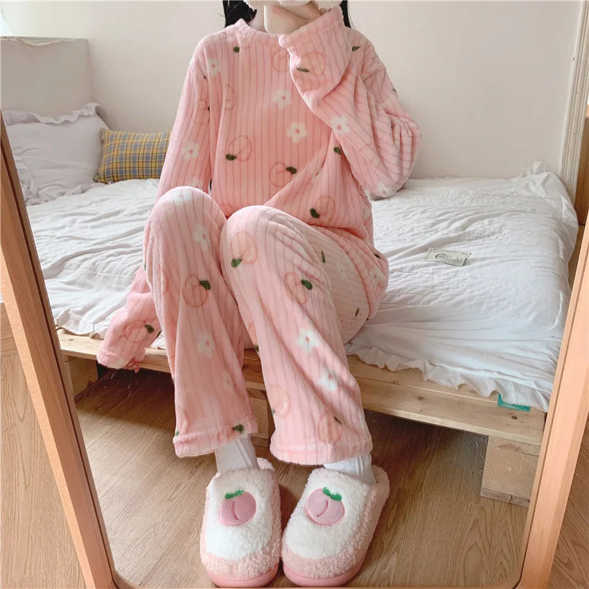 Autumn Women Solid Warm 2 Piece Sets Thicken Velvet Ribbed Fleece Set Pullover And Pants Women Casual Pajama Sets 2024 - reetell