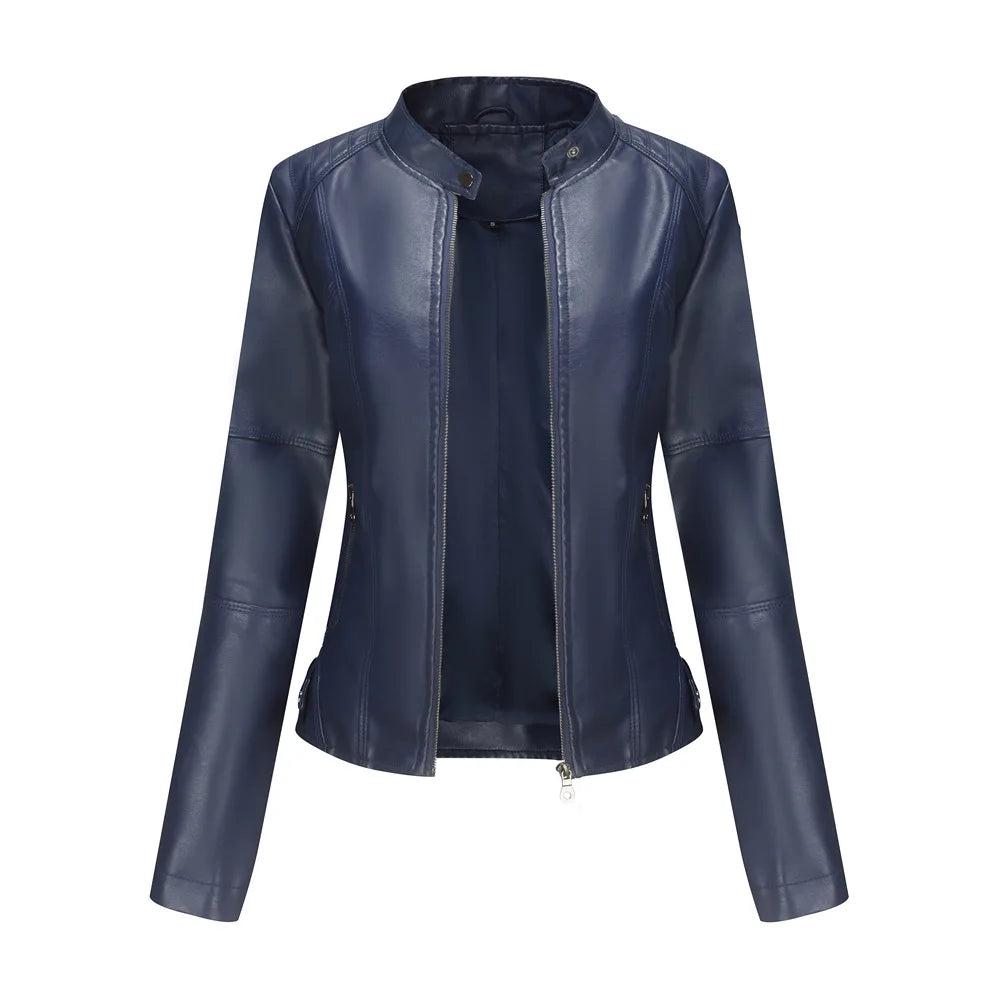 Women Leather Jacket 2024 Spring Autumn Black PU Leather Coat Stand-up Collar Motor Biker Jacket