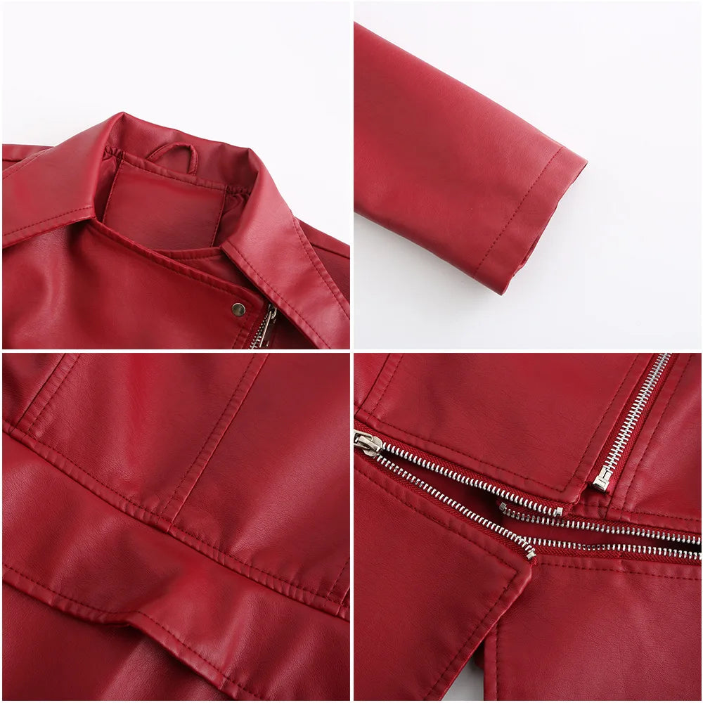 2024 Spring Autumn Women's Leather Jacket Female Detachable Hem Lapel Zipper Casual Coats Women's Locomotive Windbreaker