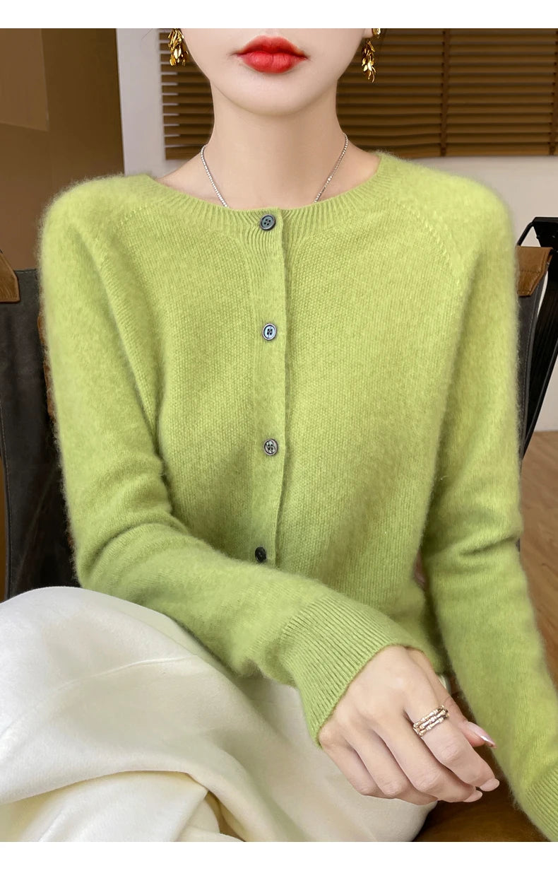 100% Merino Wool Long Sleeve Sweaters Cashmere Cardigan Spring Autumn Women O-Neck Knitwear Tops Clothing Fashion Basic Tops - reetell