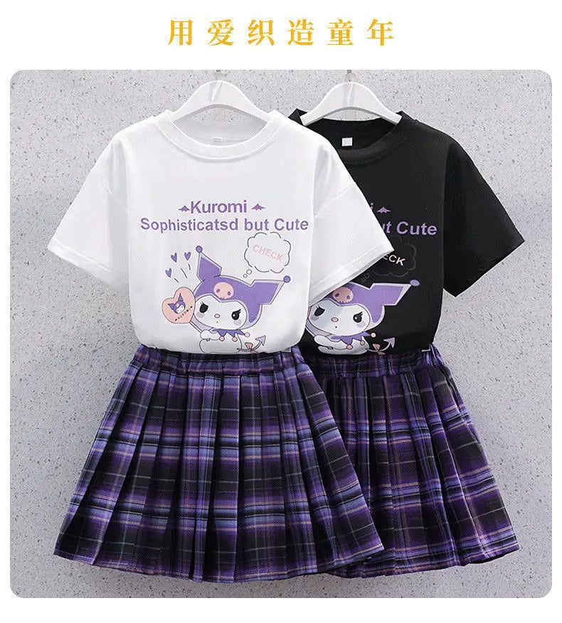 Sanrio New Girls Pleated Skirt T-Shirt Set Kuromi Summer Cute Skirt Set Jk College Style Fashion Clothing Set Holiday Gift - reetell