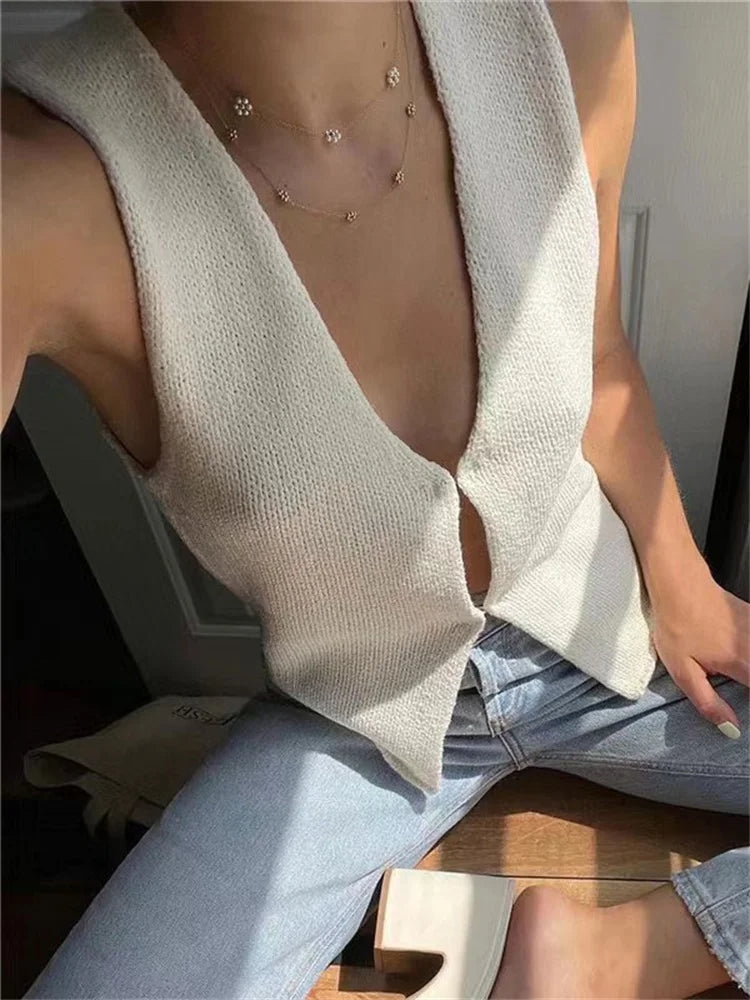 Tossy Female Hollow Out Knit Cardigan Sexy Sleeveless Baggy High Street Tank Top Summer V-Neck Slim Fashion Women Vest Y2k Top - reetell