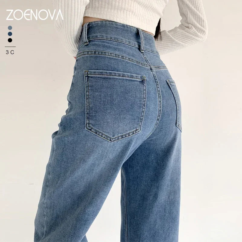 ZOENOVA Elastic Jeans Women Lengthened  Korean Fashion Denim Pants Vintage High Waist  Autumn Baggy Street Casual Jean 3 Color - reetell