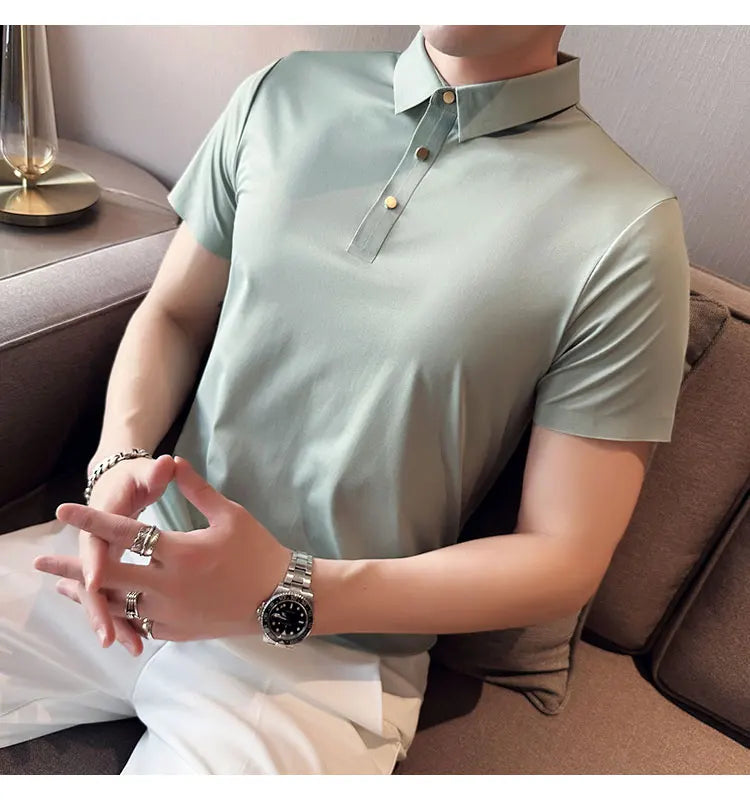 Ice Silk Traceless T-shirt Men's  Business Casual Solid Color Half Sleeve High Elasticity Top Silk Smooth Breathable POLO Shirt