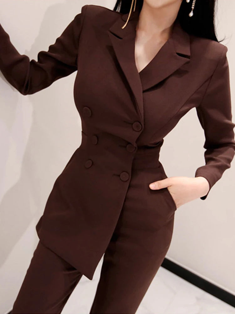 Fashion Elegant Long Jumpsuit Women Professional Chic Notched Collar Double Breasted Pockets Pants Mujer Slim Romper Office Lady