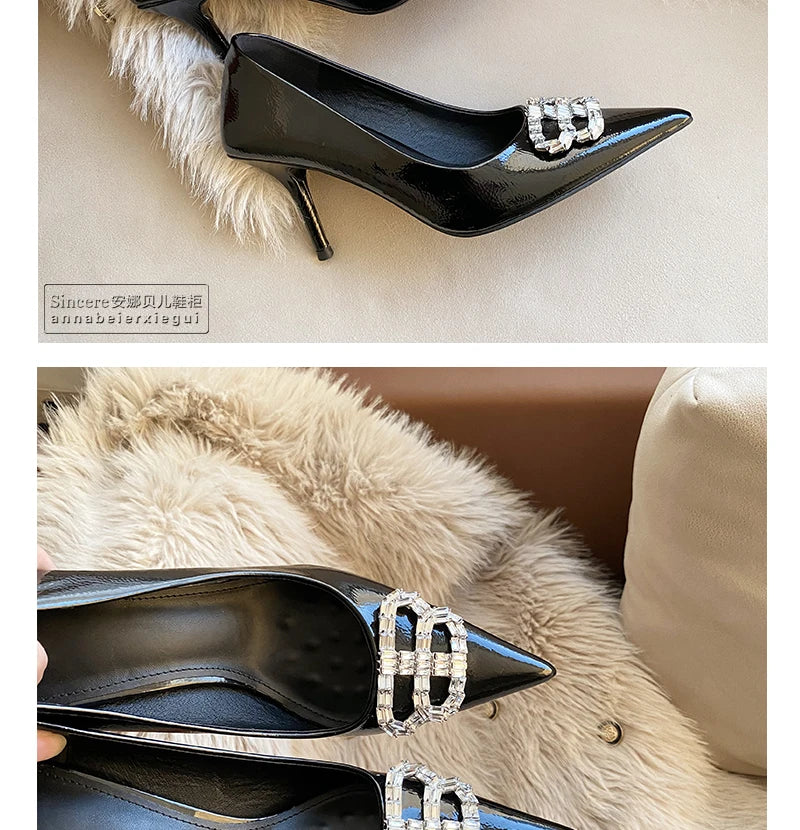 2024 New Pointed Black High Heels, Women's Thin Heels, Water Diamonds, One Line with Baotou Sandals and Button Single Shoes - reetell