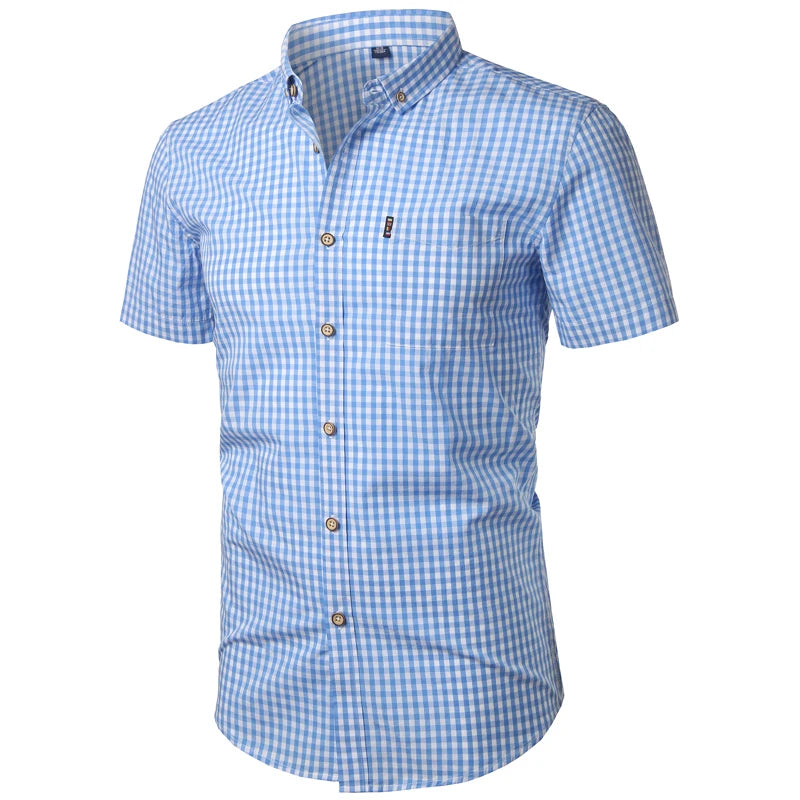 Mens Red Small Plaid Shirts Summer Short Sleeve Cotton Dress Shirts Business Casual Button Down Chemise Homme Camisa Masculina - reetell