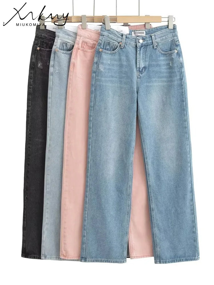 MiuKoMiYa Wide Leg Pink Jeans For Women High Waist Gray Full Denim Pants Straight Vintage Jean Women 2023 Fashion Denim Trousers - reetell