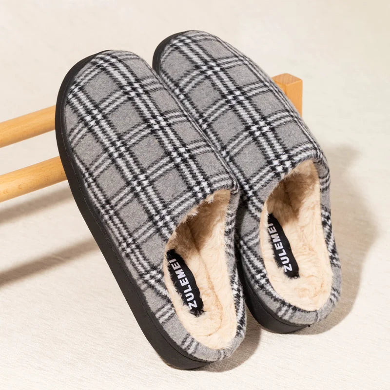 New Men's Striped Warm House Fleece Cozy Non-slip Plaid Cotton Mops Couples Slippers Winter Soft Indoor Bedroom Couples Shoes