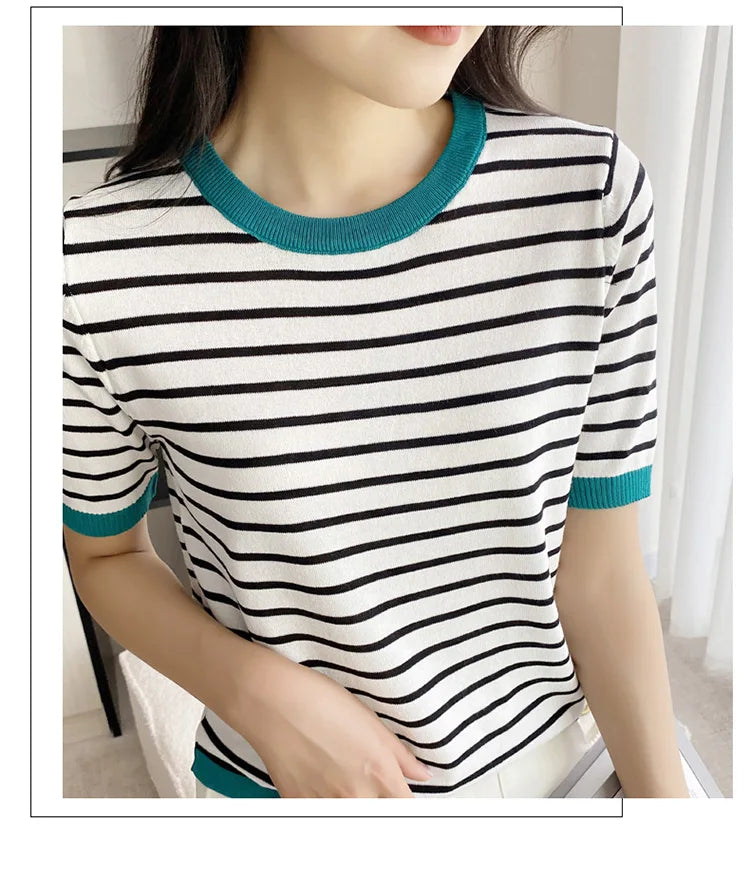 Short Sleeve T-shirts Women Striped Basic Chic Simple All-match Harajuku Retro Cotton O-neck Trendy Loose Leisure Cozy Womens - reetell