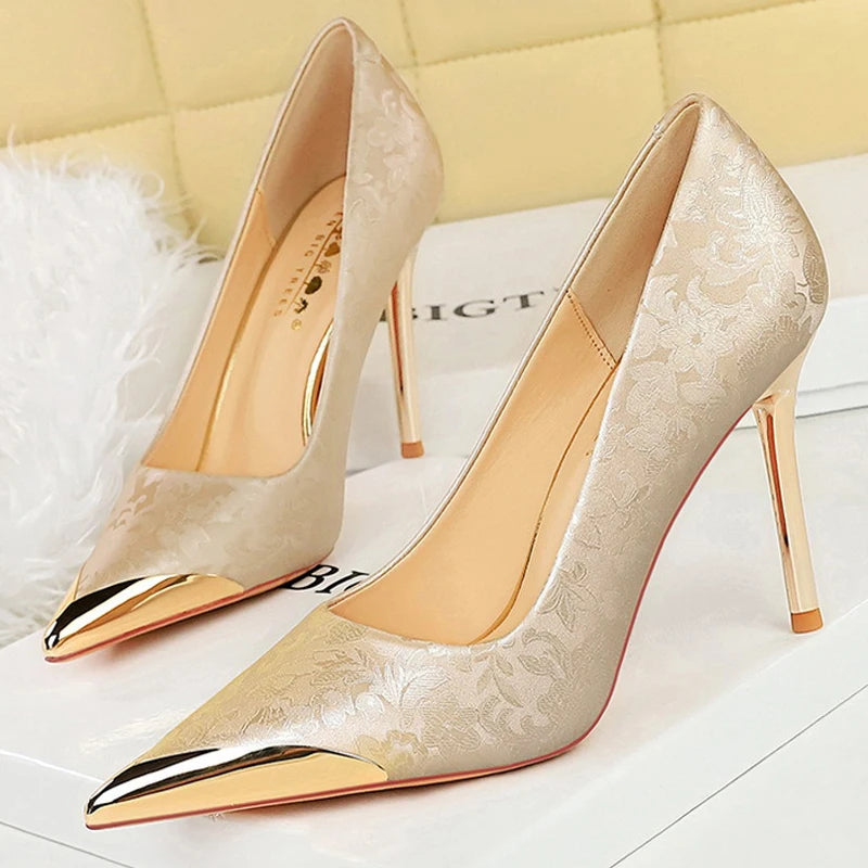 BIGTREE Shoes Metal Pointed End Women Pumps Silks Satins High Heels Ethnic Style Women Stilettos Heels 10 Cm Banquet High Heels