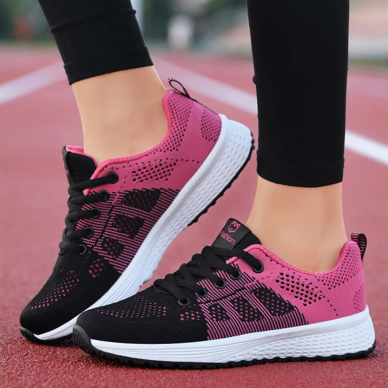 Women Casual Shoes Breathable Walking Mesh Lace Up Flat Shoes Sneakers Women Tenis Feminino Pink Black White - reetell