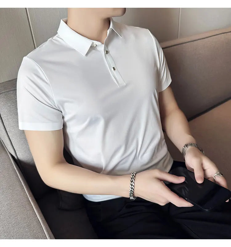 Ice Silk Traceless T-shirt Men's  Business Casual Solid Color Half Sleeve High Elasticity Top Silk Smooth Breathable POLO Shirt