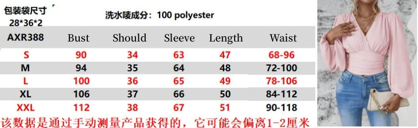 Elegant Lantern Sleeves Crop Top 2024 Spring Autumn New Fashion V-neck Solid Color Ruffled Women's Long Sleeved Black Blouse Y2K - reetell