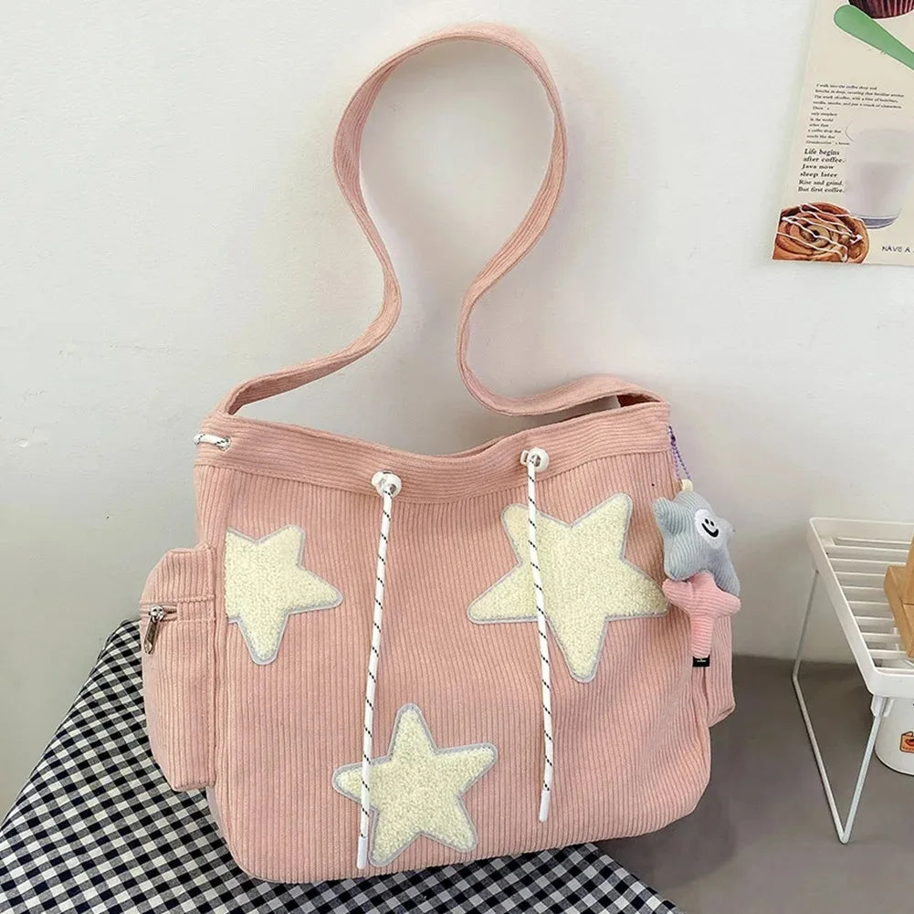 Women Star Pattern Corduroy Crossbody Bag Casual Tote Lady Simple Large Capacity Shoulder Bag Girl Travel School Bookbag Handbag