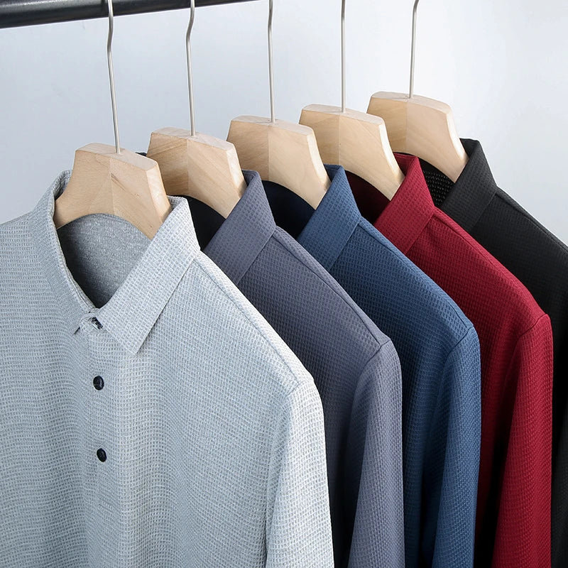 Men's Business Casual Polo Long Sleeve T-shirt Summer Comfortable  Solid Cotton Top