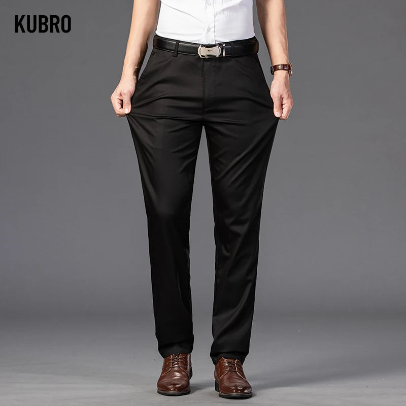 KUBRO Men's Summer Thin Fashion Business Casual Suit Pants Long Pants Men's Elastic Straight Sleeve Formal Pants Plus Size 28-40 - reetell