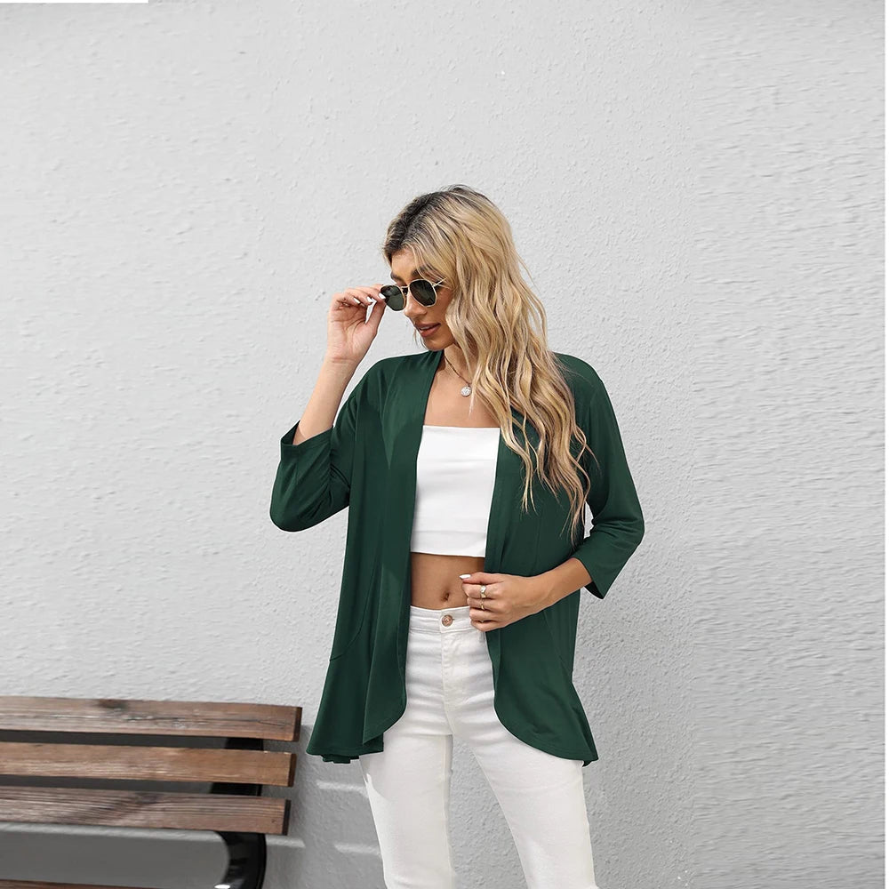 Women Fashion Cardigan Spring Solid Color Cardigan Top Open Stitch Solid Female Autumn - reetell