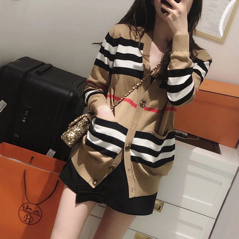 Women Striped Knitted Cardigan Fall Winter Loose Korean Sweater Casual Fashion Office Lady V Neck Single Breasted Design Top - reetell