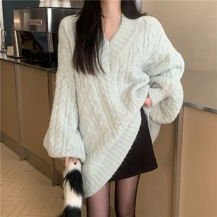 Women's Autumn and Winter Fashion Loose Outer Wear Lazy Style Niche Warm Knit Sweater Top - reetell