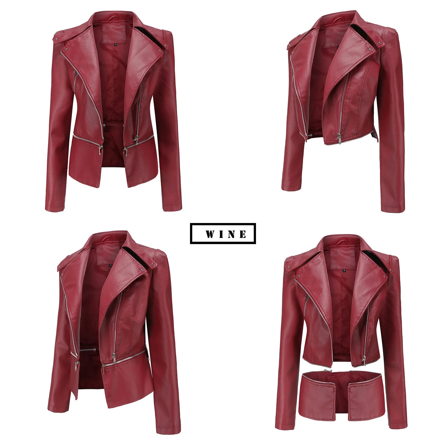 2024 Spring Autumn Women's Leather Jacket Female Detachable Hem Lapel Zipper Casual Coats Women's Locomotive Windbreaker